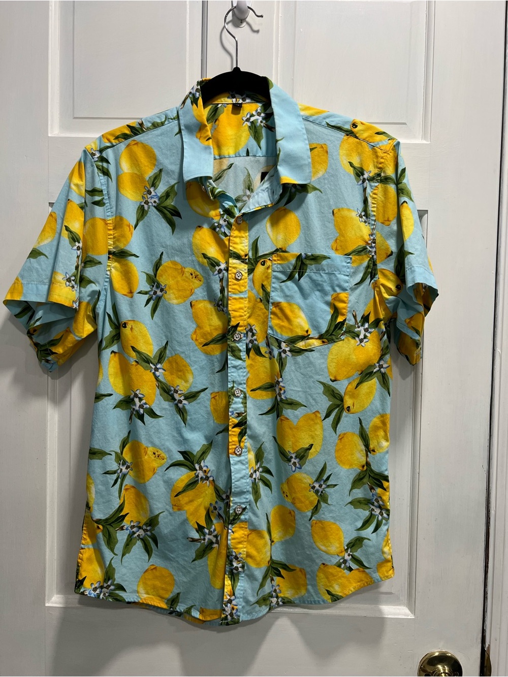 UNBRANDED Lemons Blue & Yellow Button Up Collared Shirt MENS MEDIUM Pre Loved